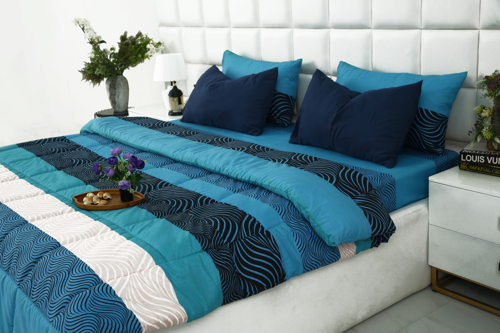 6 PCs Summer Comforter Set-Aqua Waves Bed Spread Apricot