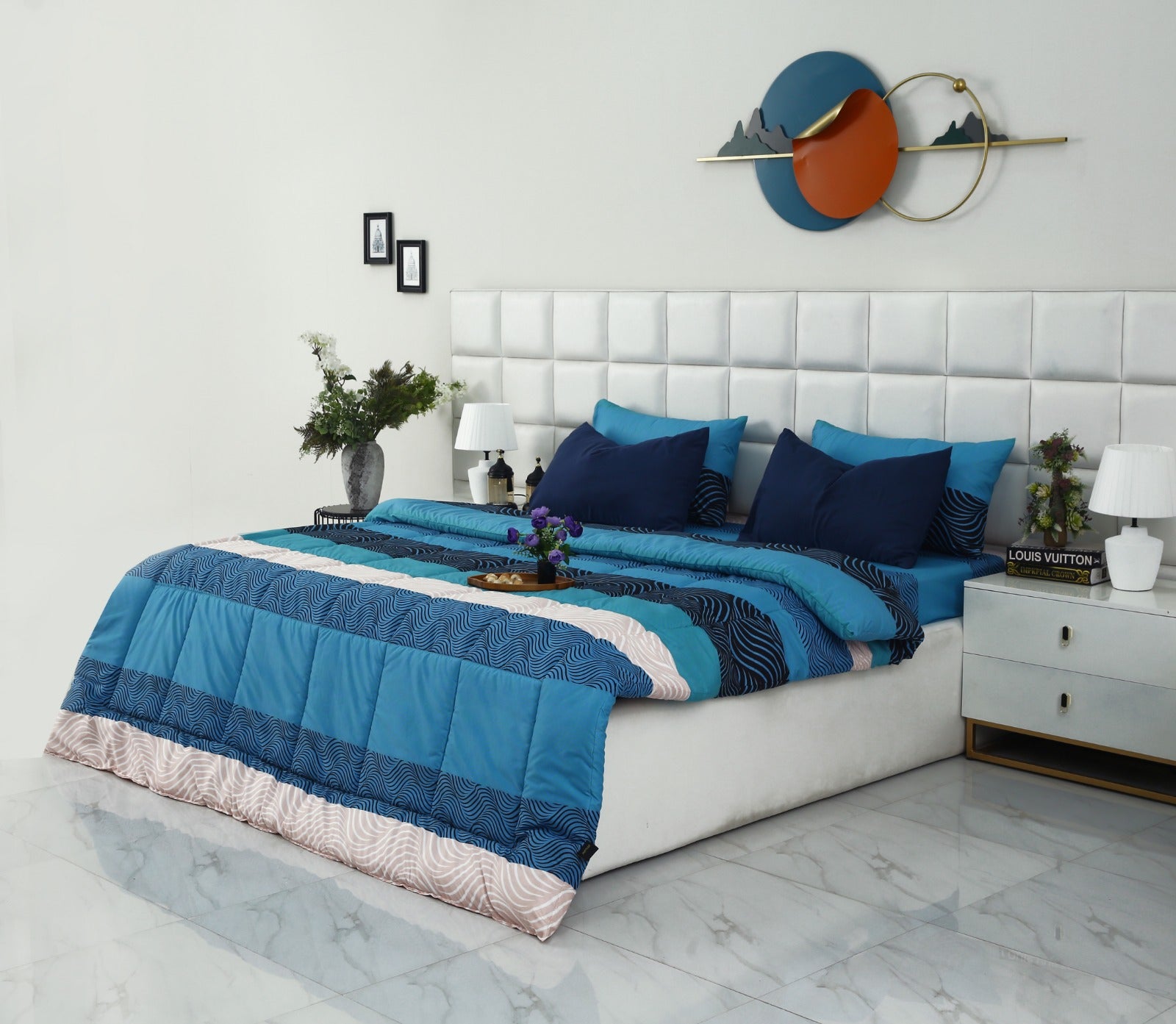 6 PCs Summer Comforter Set-Aqua Waves Bed Spread Apricot