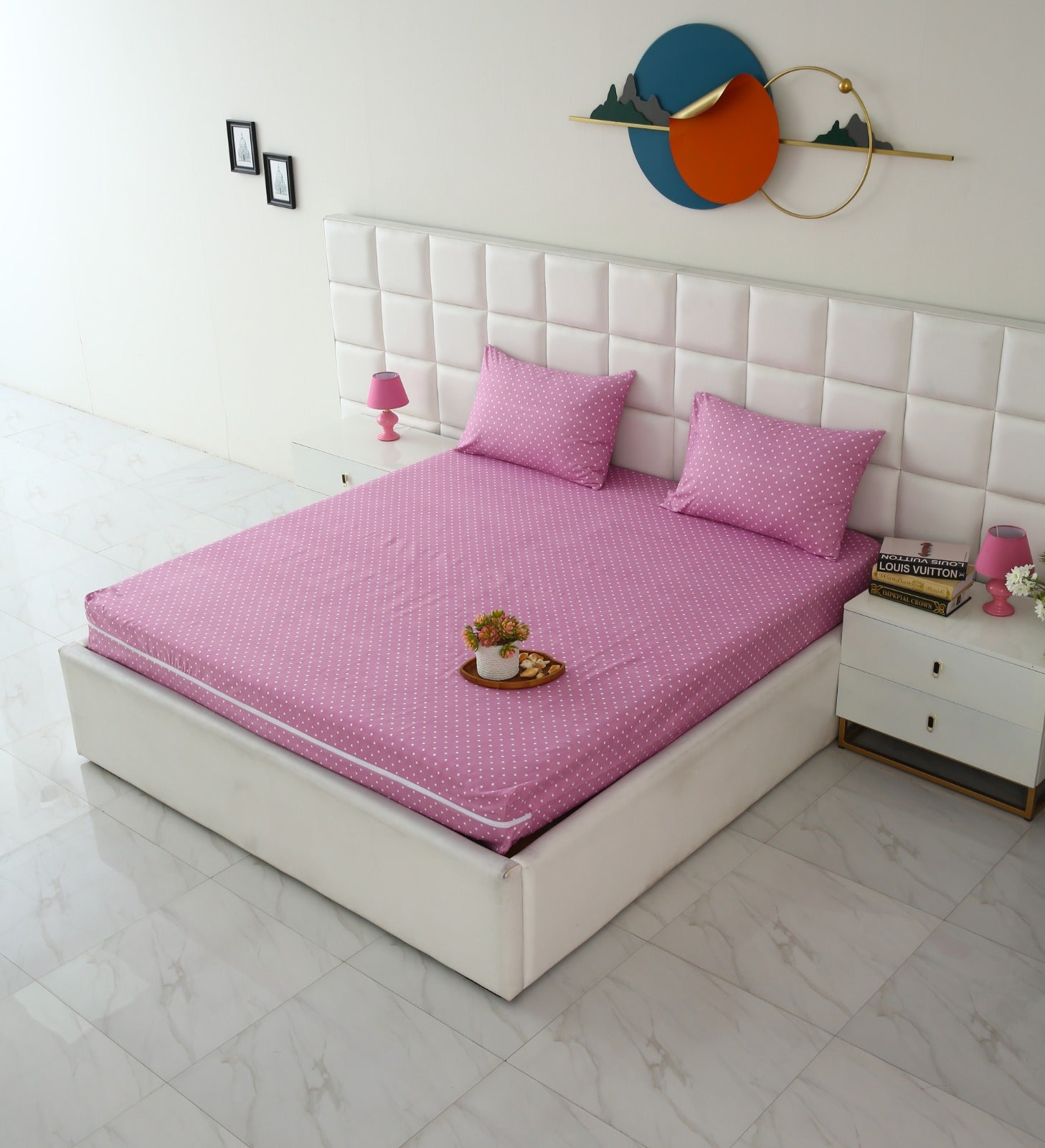 Zipper Mattress Cover Printed-Lilac Polka Protectors Apricot