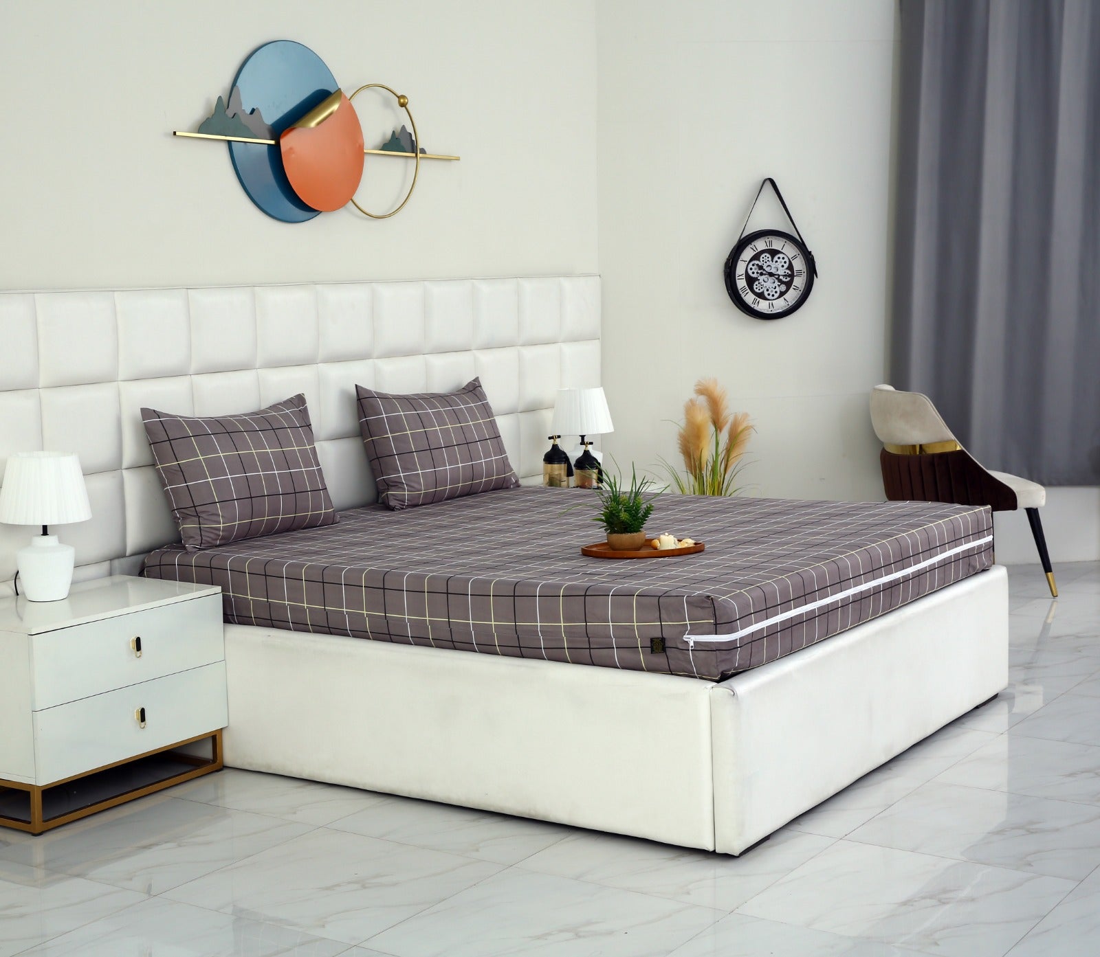 Zipper Mattress Cover Printed-Multi Check Protectors Apricot