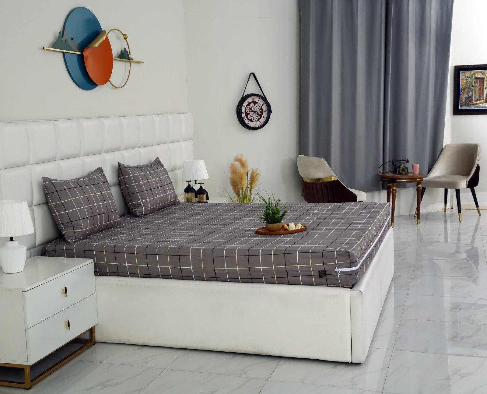 Zipper Mattress Cover Printed-Multi Check Protectors Apricot