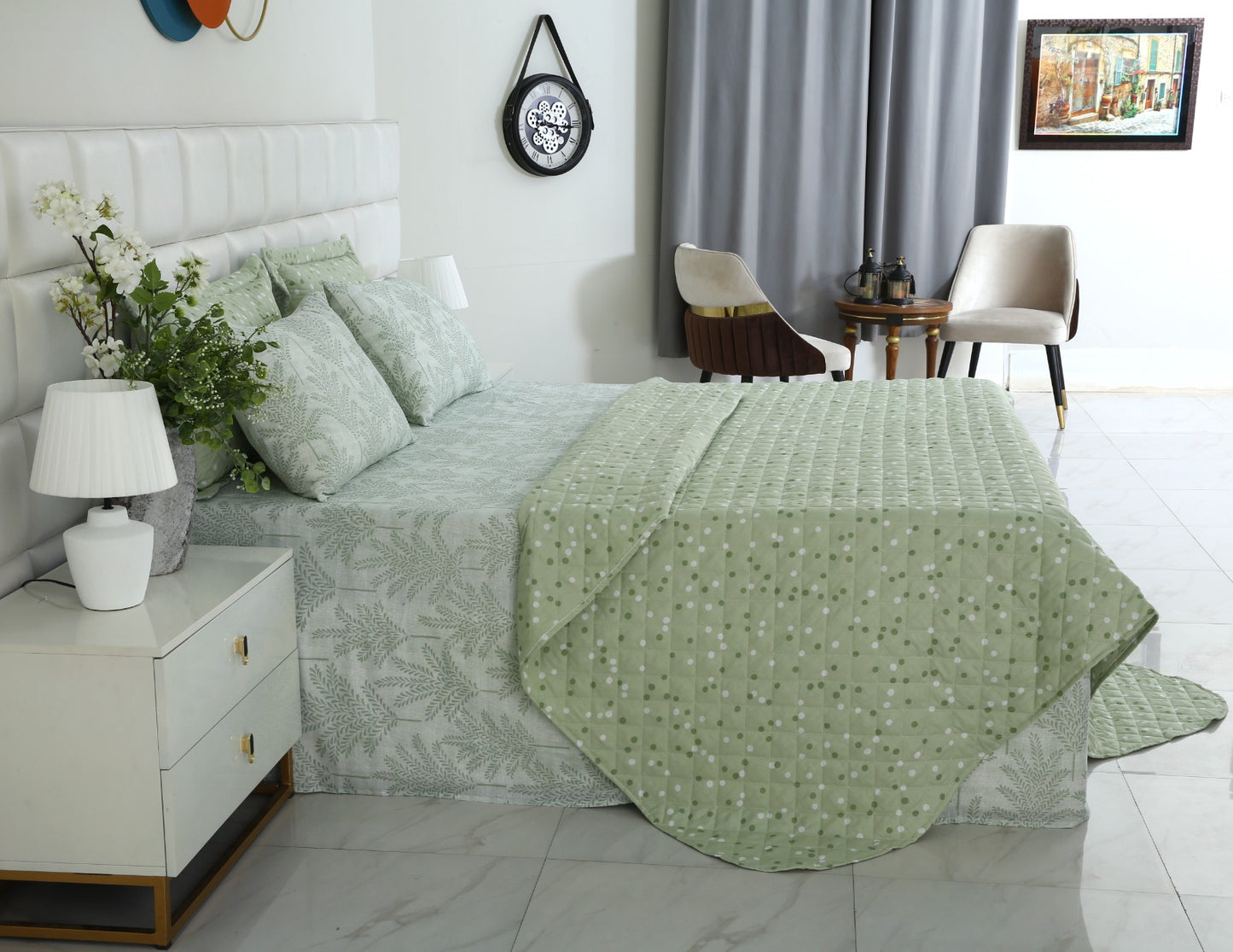 6 PCs Luxury Bed Spread Set-Mint Leafs Bed Spread Apricot