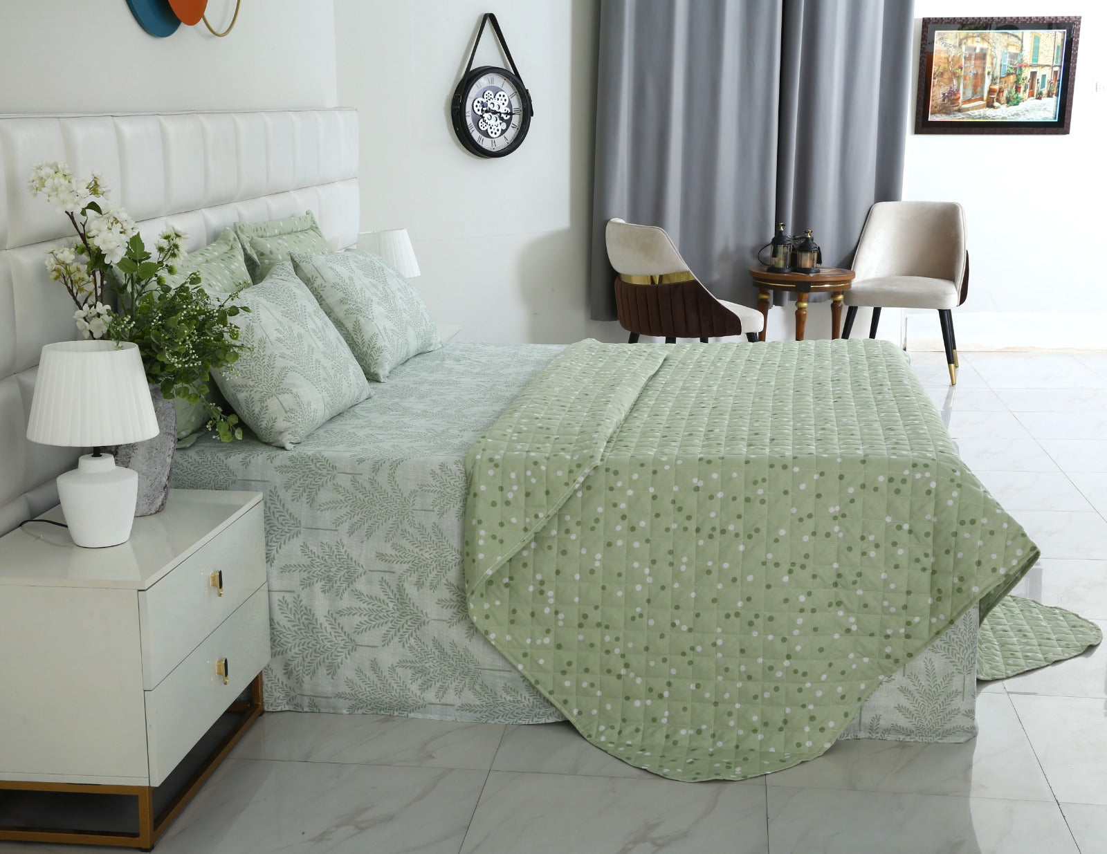 6 PCs Luxury Bed Spread Set-Mint Leafs Bed Spread Apricot