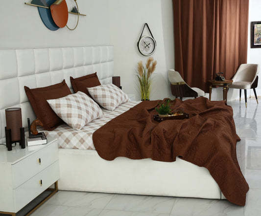 6 PCs Luxury Bed Spread Set-Beige Check Box Bed Spread Apricot