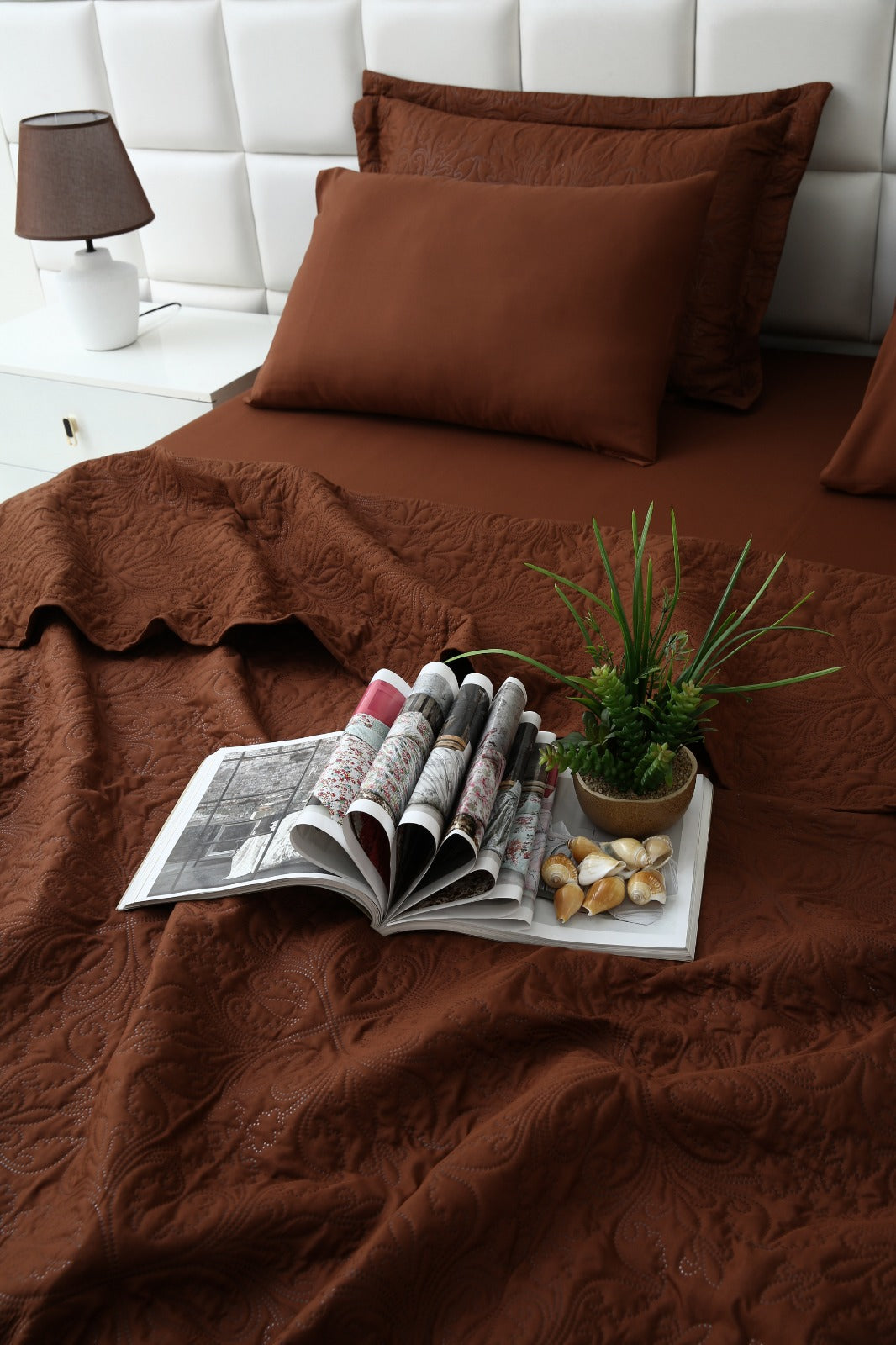 6 PCs Luxury Bed Spread Set-Brown Bed Spread Apricot
