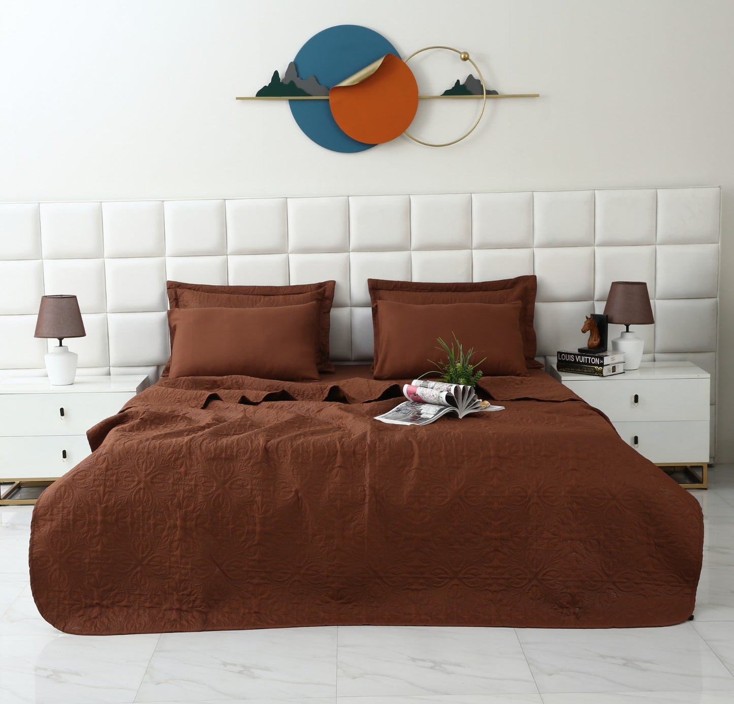 6 PCs Luxury Bed Spread Set-Brown Bed Spread Apricot