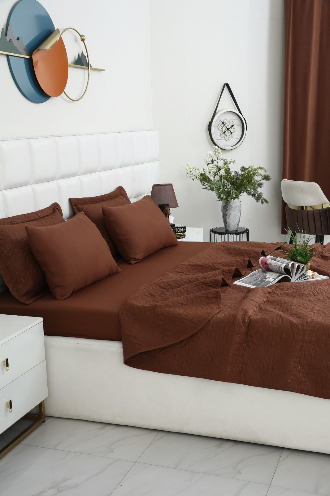 6 PCs Luxury Bed Spread Set-Brown Bed Spread Apricot