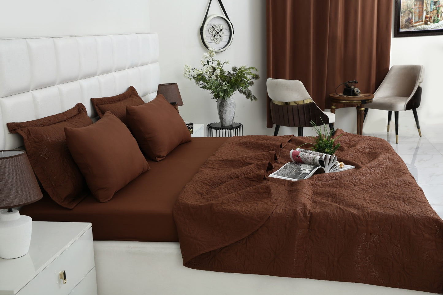6 PCs Luxury Bed Spread Set-Brown Bed Spread Apricot