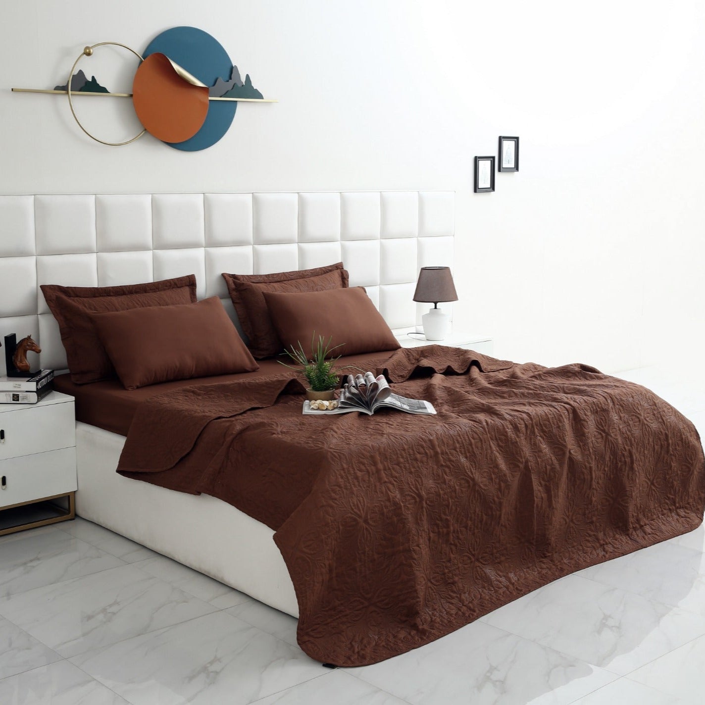 6 PCs Luxury Bed Spread Set-Brown Bed Spread Apricot