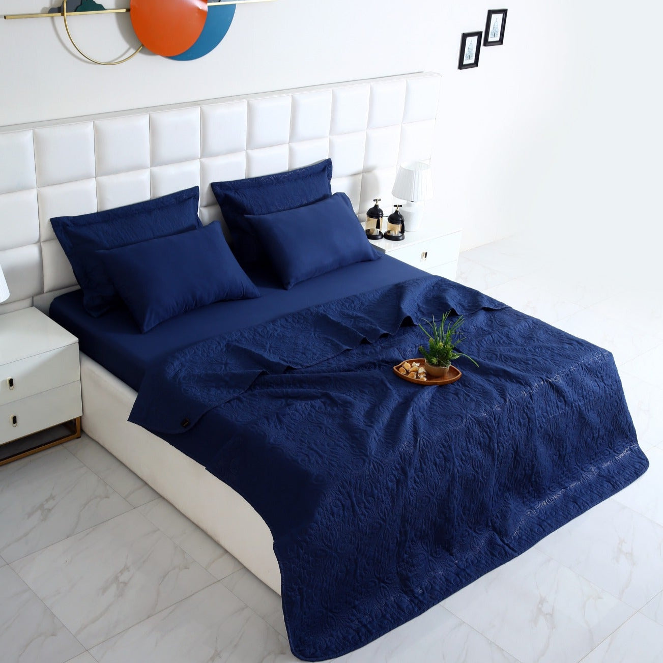 6 PCs Luxury Bed Spread Set-Navy Blue Bed Spread Apricot