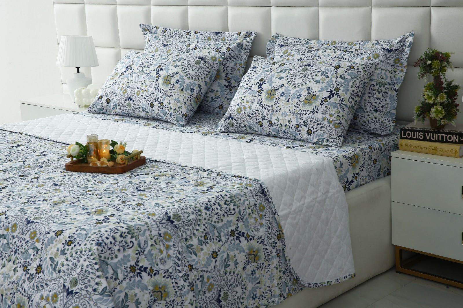 6 PCs Luxury Bed Spread Set-Blue Daisy Bed Spread Apricot