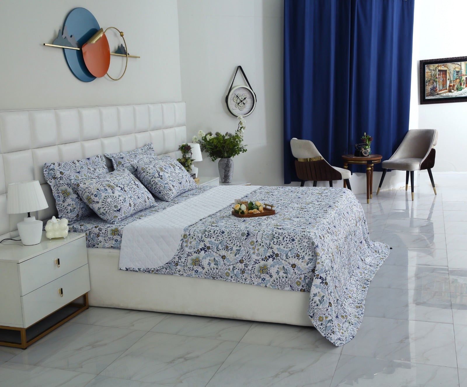 6 PCs Luxury Bed Spread Set-Blue Daisy Bed Spread Apricot