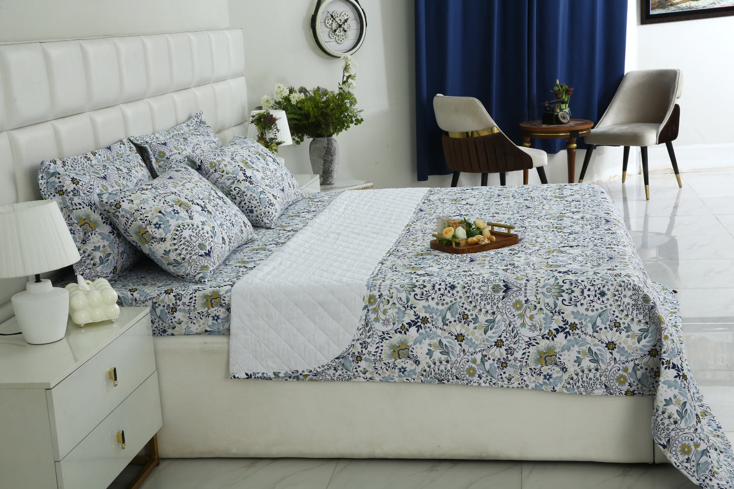 6 PCs Luxury Bed Spread Set-Blue Daisy Bed Spread Apricot