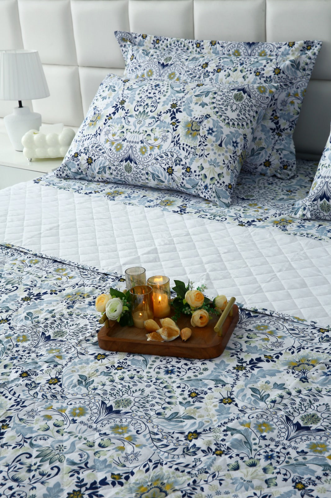 6 PCs Luxury Bed Spread Set-Blue Daisy Bed Spread Apricot