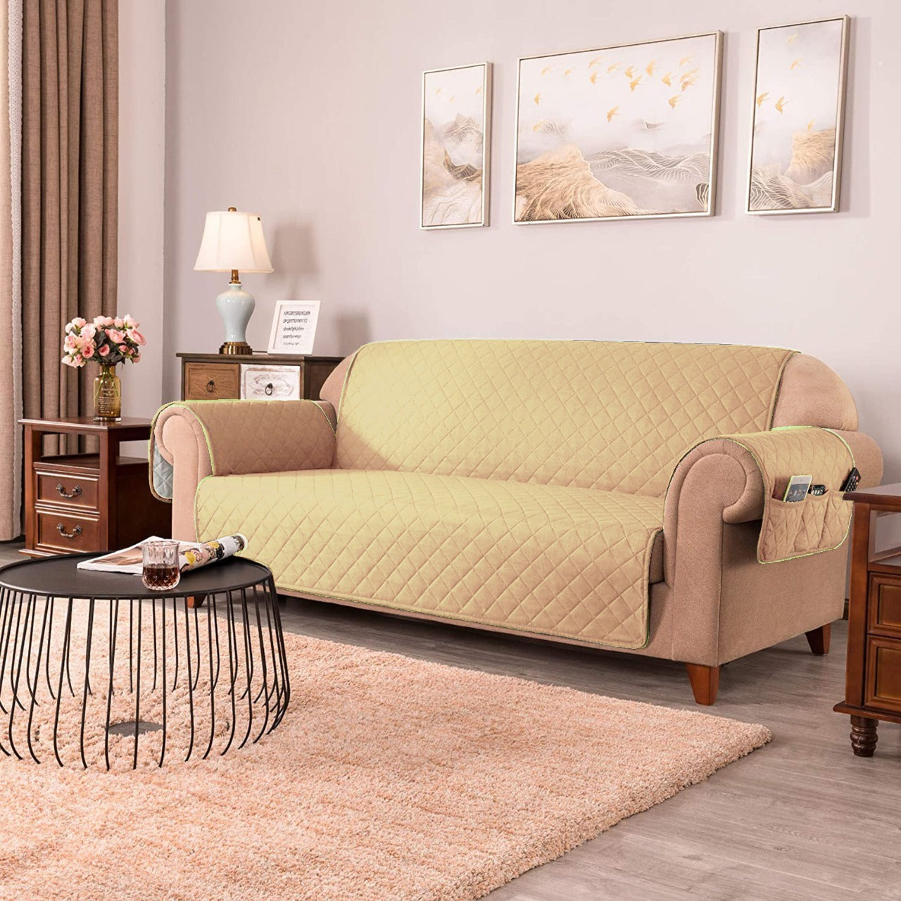 Quilted Sofa Cover-Beige Sofa Cover Apricot