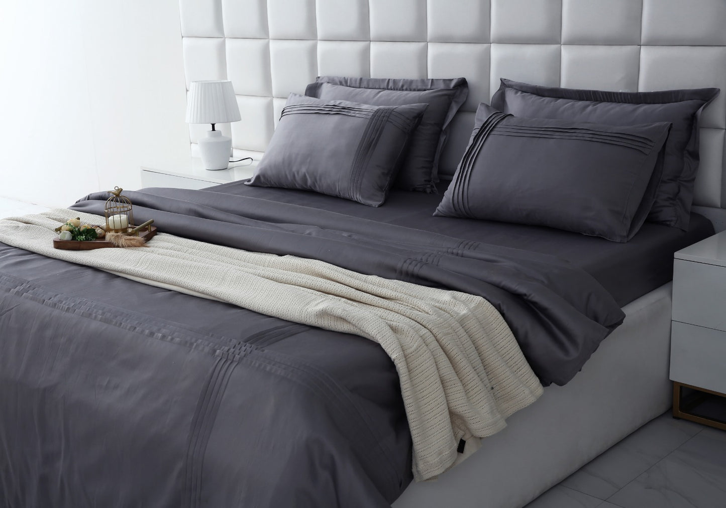 6 PCs Luxury Satin Dyed Duvet Cover Set-Grey Duvet Cover Apricot