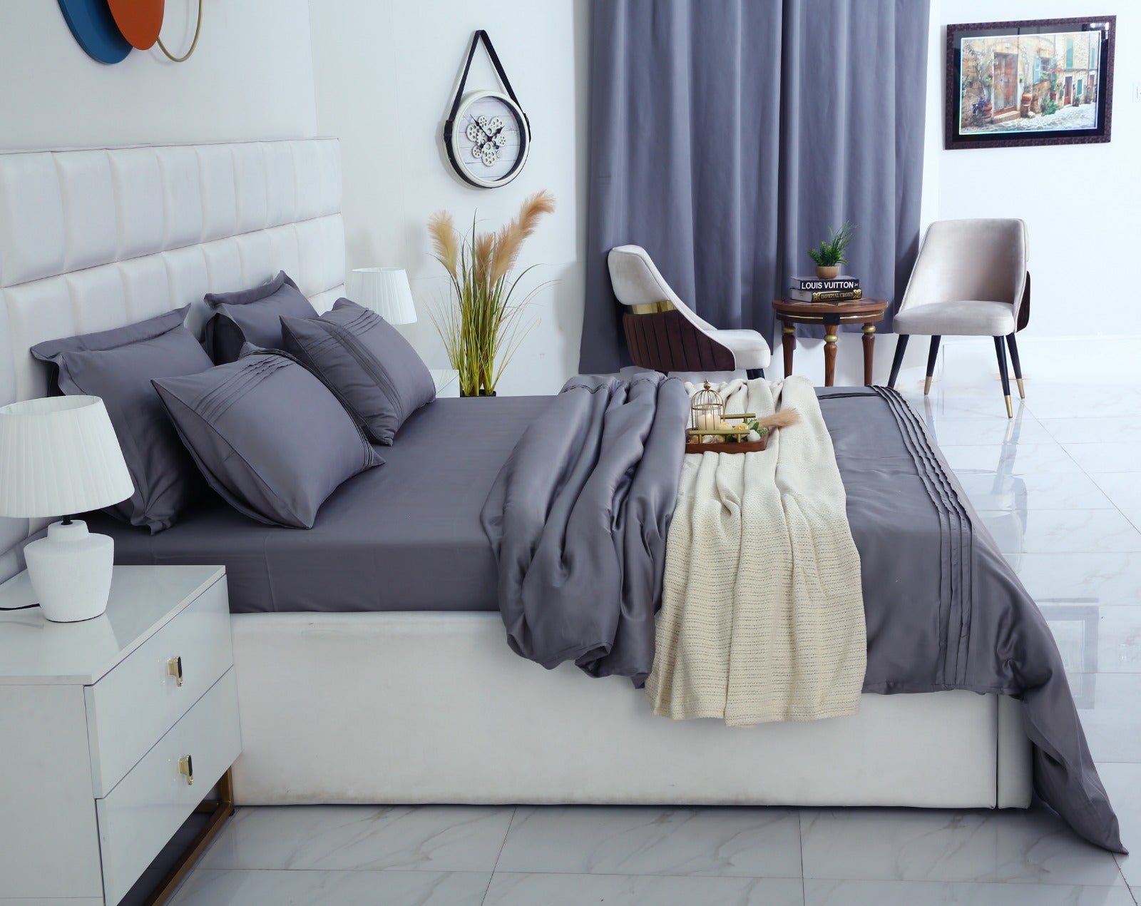 6 PCs Luxury Satin Dyed Duvet Cover Set-Grey Duvet Cover Apricot