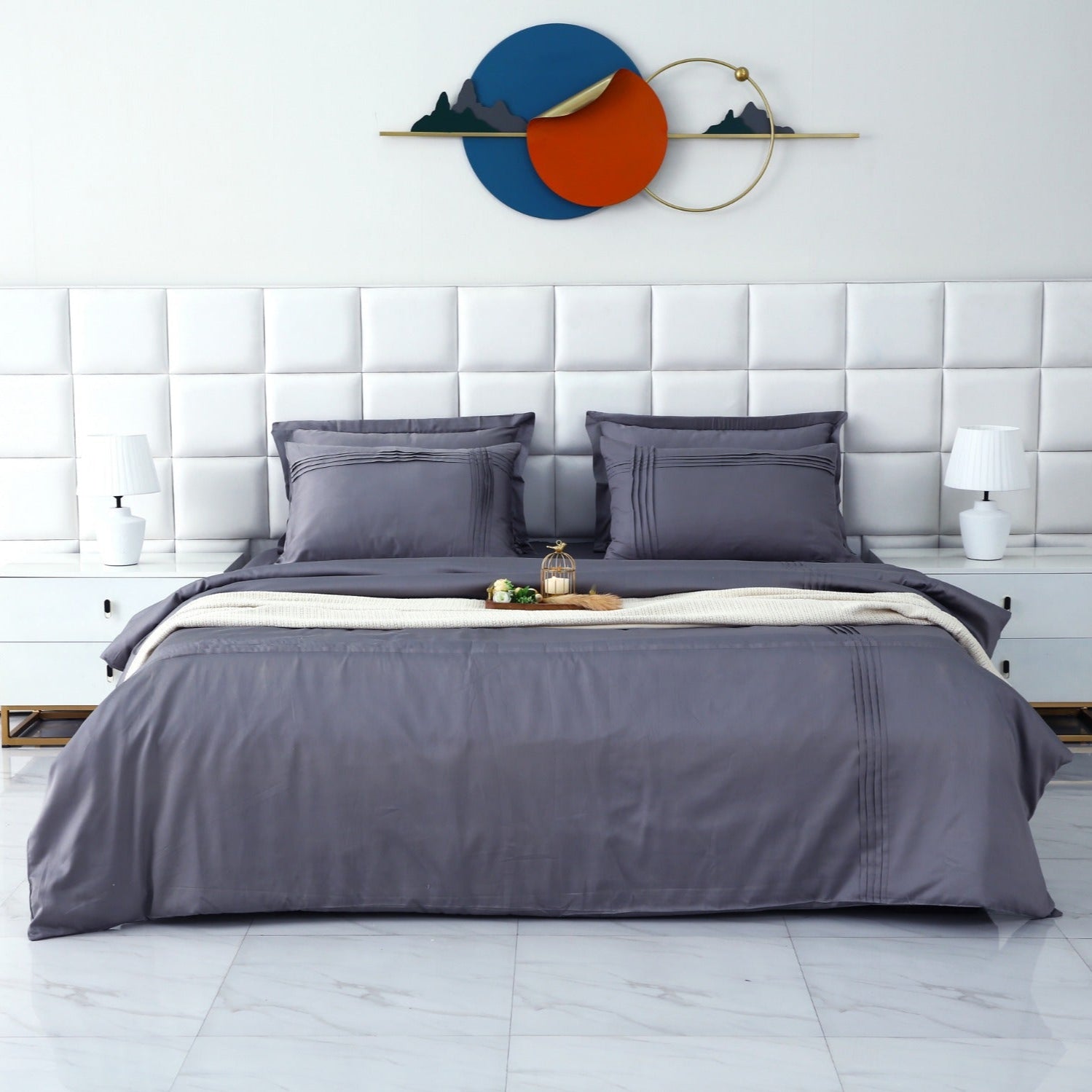 6 PCs Luxury Satin Dyed Duvet Cover Set-Grey Duvet Cover Apricot