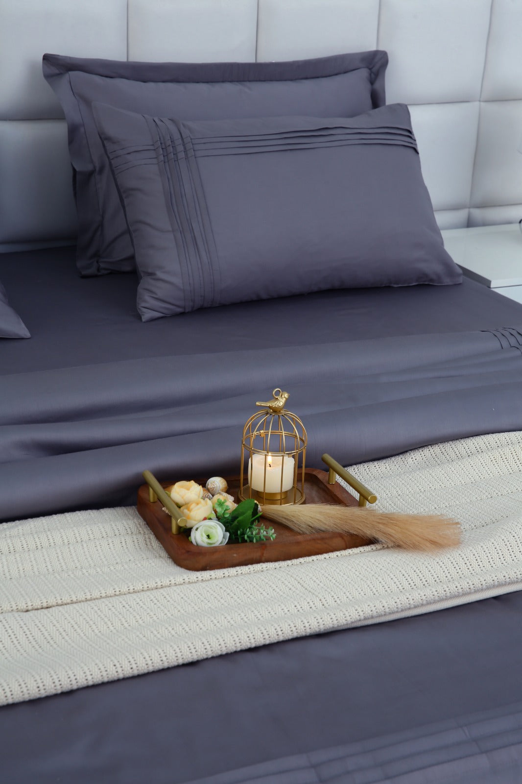 6 PCs Luxury Satin Dyed Duvet Cover Set-Grey Duvet Cover Apricot