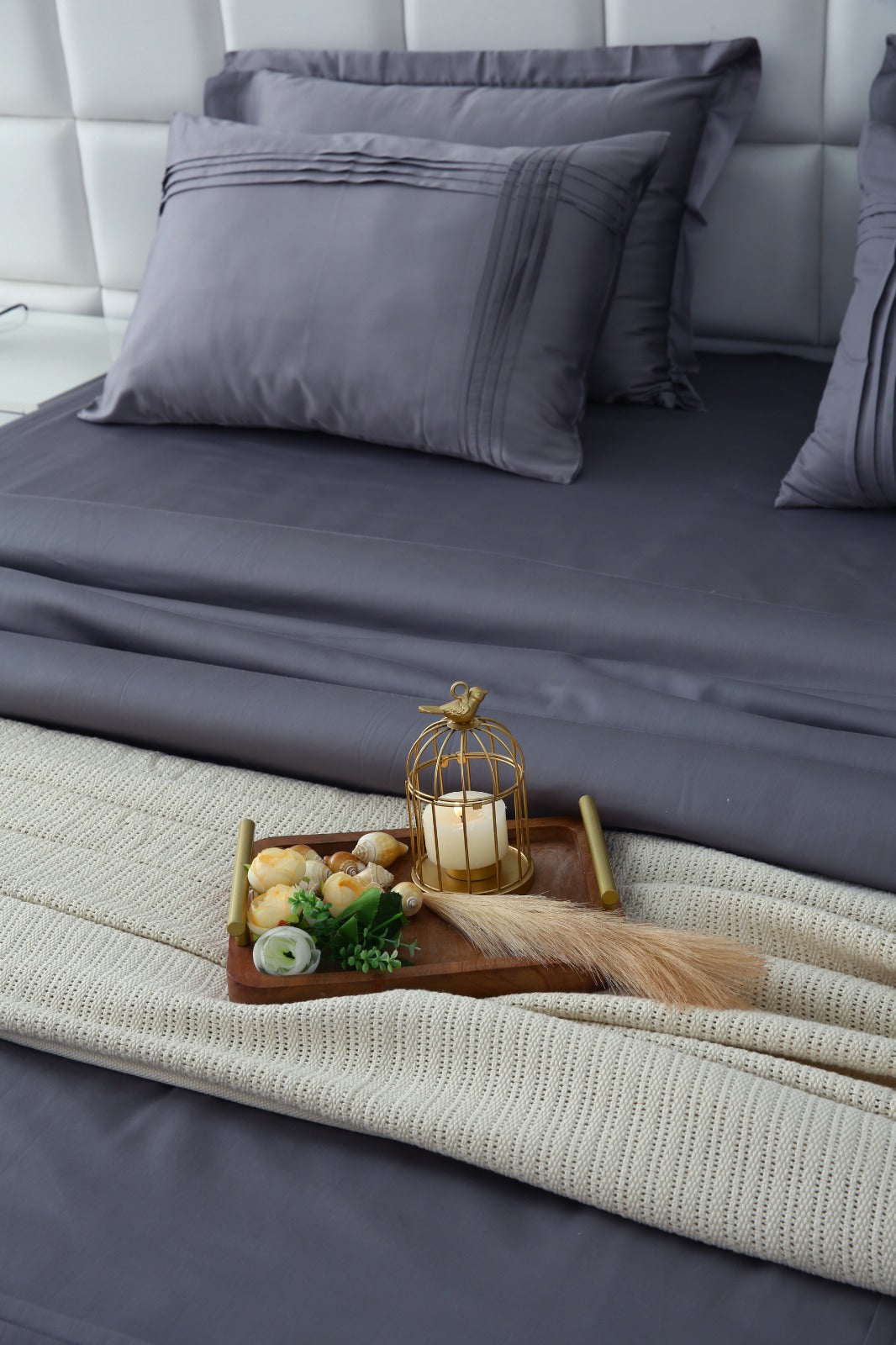 6 PCs Luxury Satin Dyed Duvet Cover Set-Grey Duvet Cover Apricot