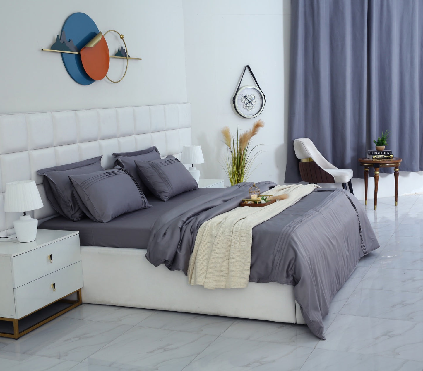 6 PCs Luxury Satin Dyed Duvet Cover Set-Grey Duvet Cover Apricot