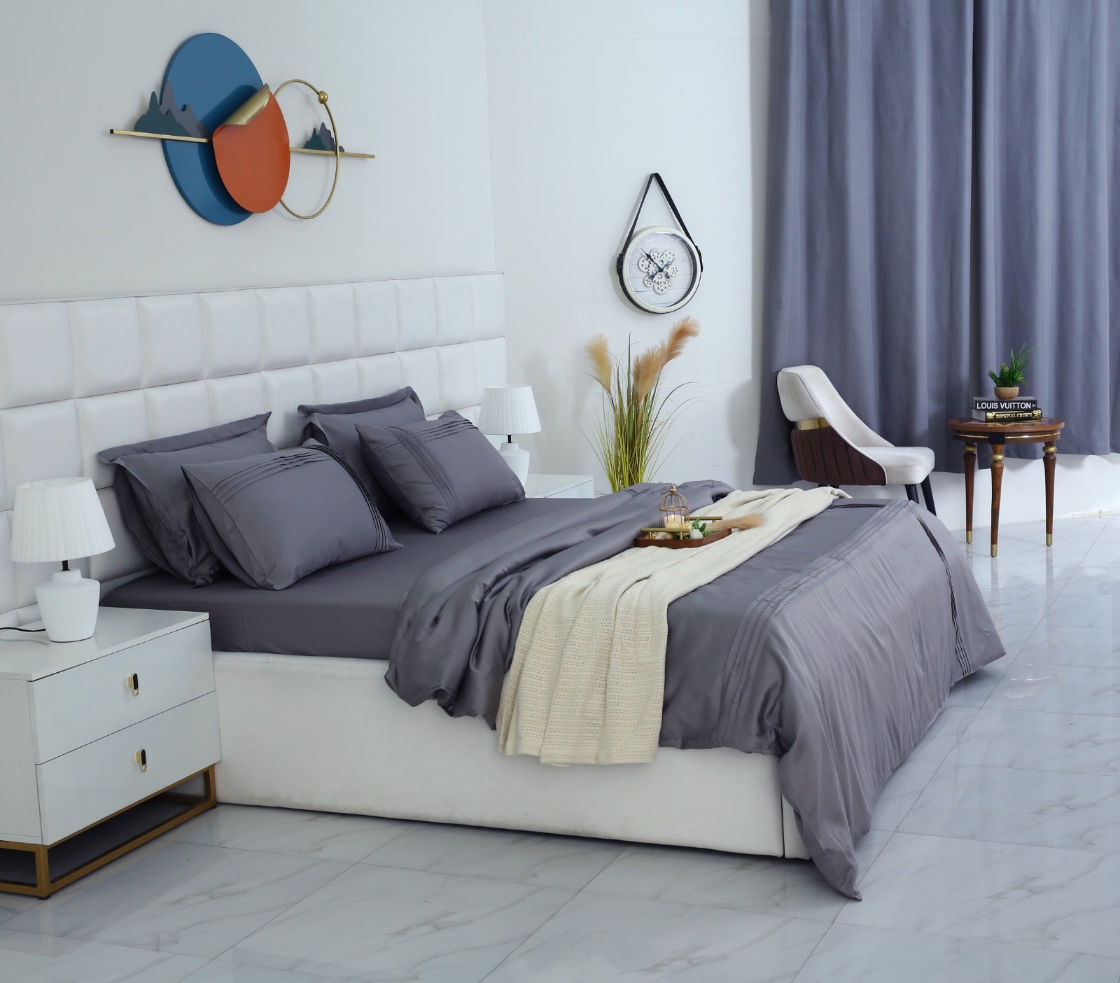 6 PCs Luxury Satin Dyed Duvet Cover Set-Grey Duvet Cover Apricot