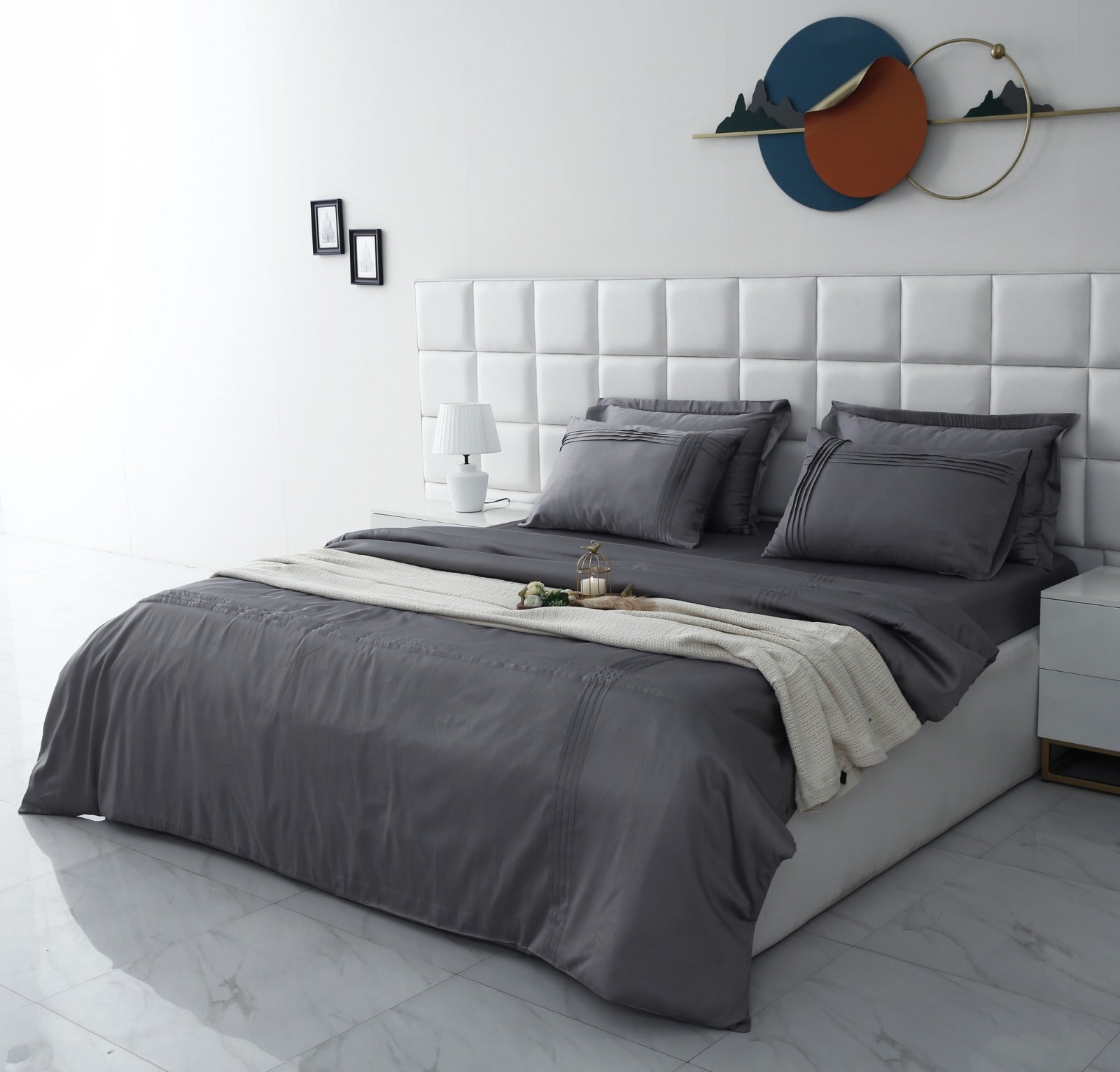 6 PCs Luxury Satin Dyed Duvet Cover Set-Grey Duvet Cover Apricot