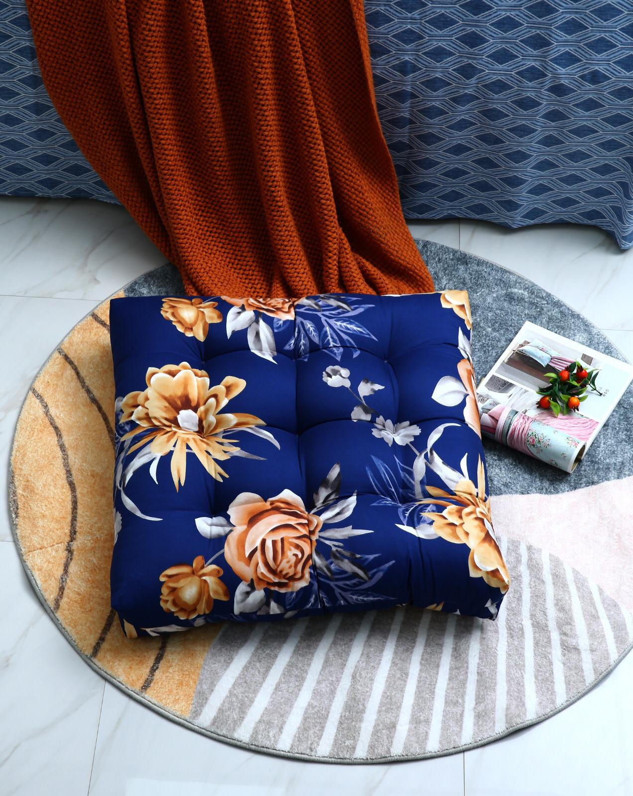 Digital Printed Square Floor Cushions-Ethnic Flowers cushions Apricot