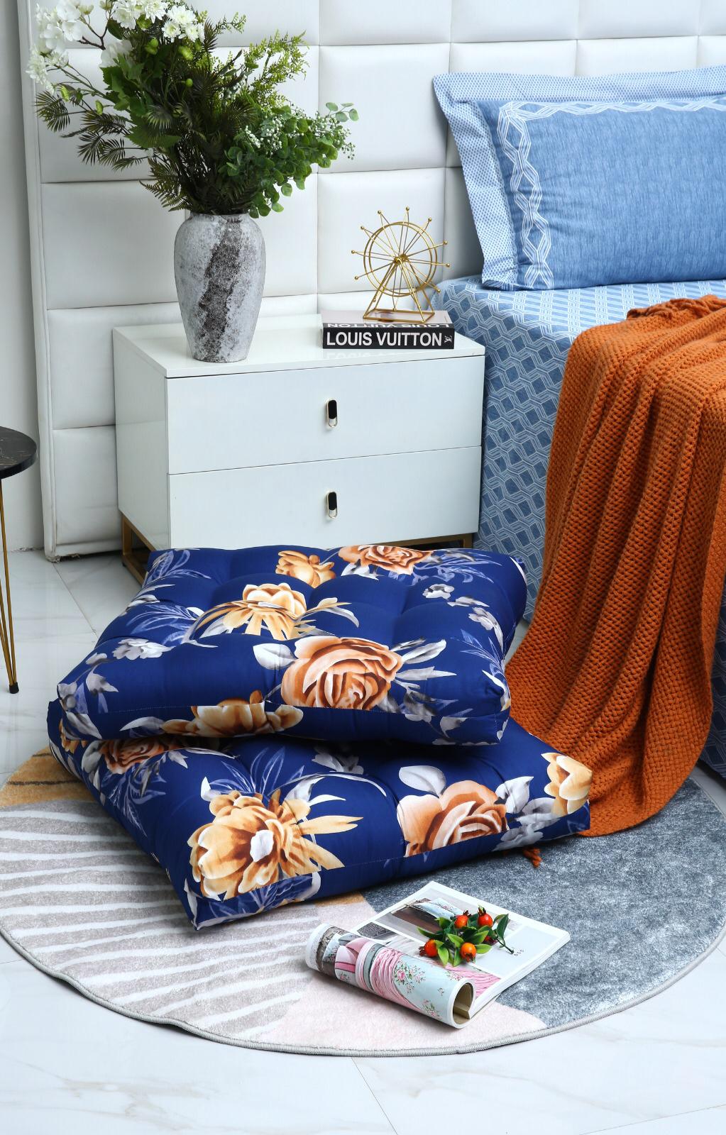 Digital Printed Square Floor Cushions-Ethnic Flowers cushions Apricot