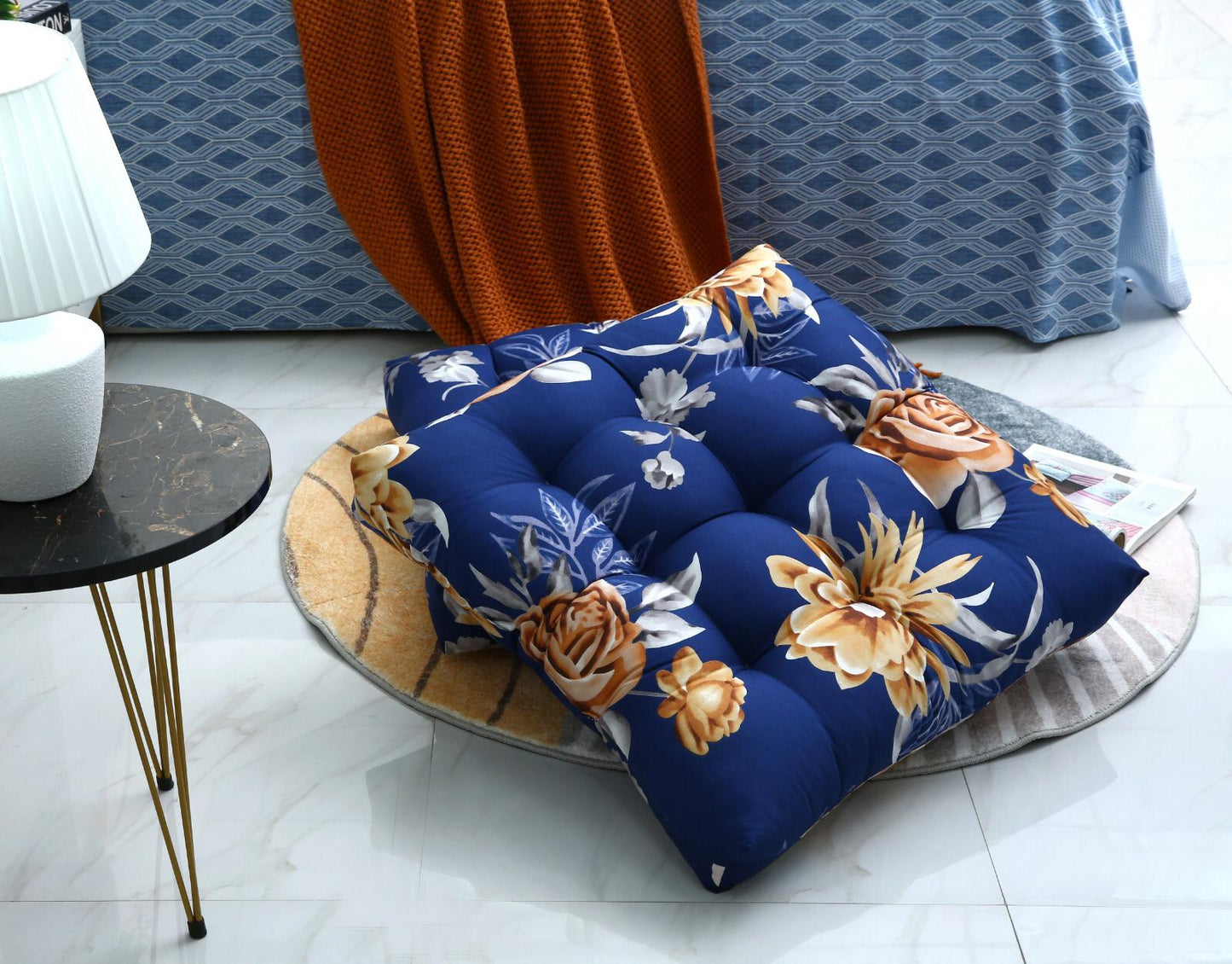 Digital Printed Square Floor Cushions-Ethnic Flowers cushions Apricot