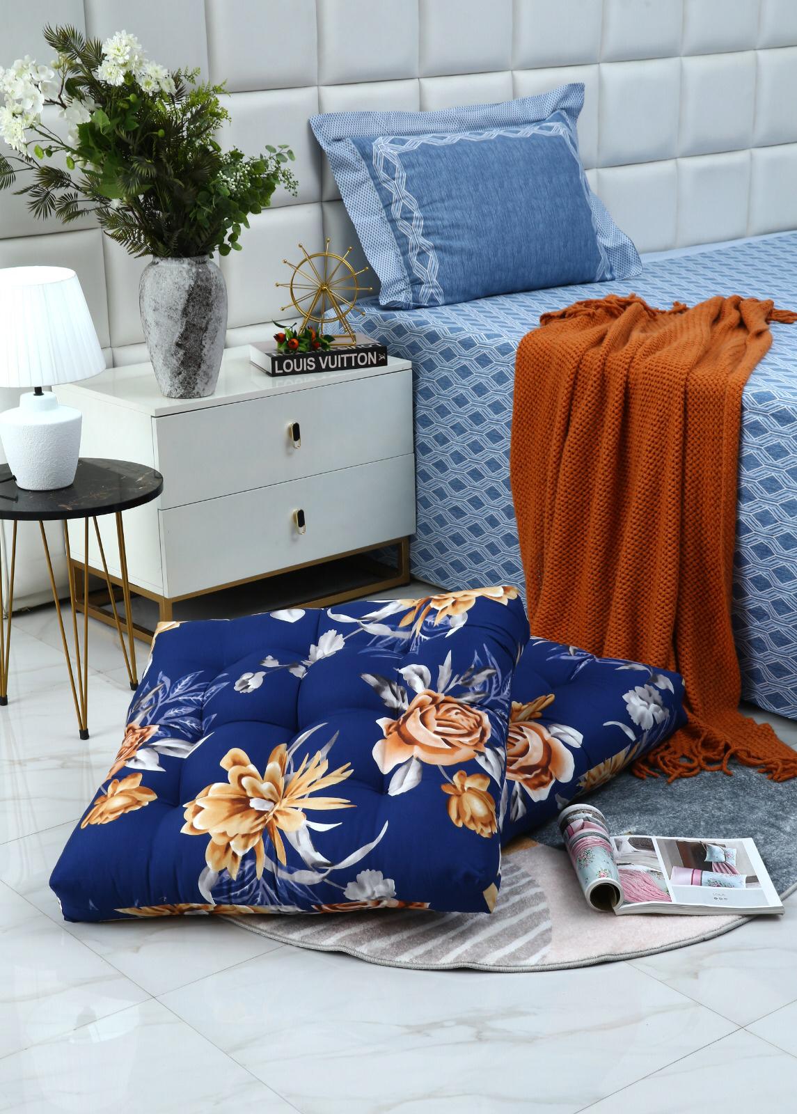 Digital Printed Square Floor Cushions-Ethnic Flowers cushions Apricot