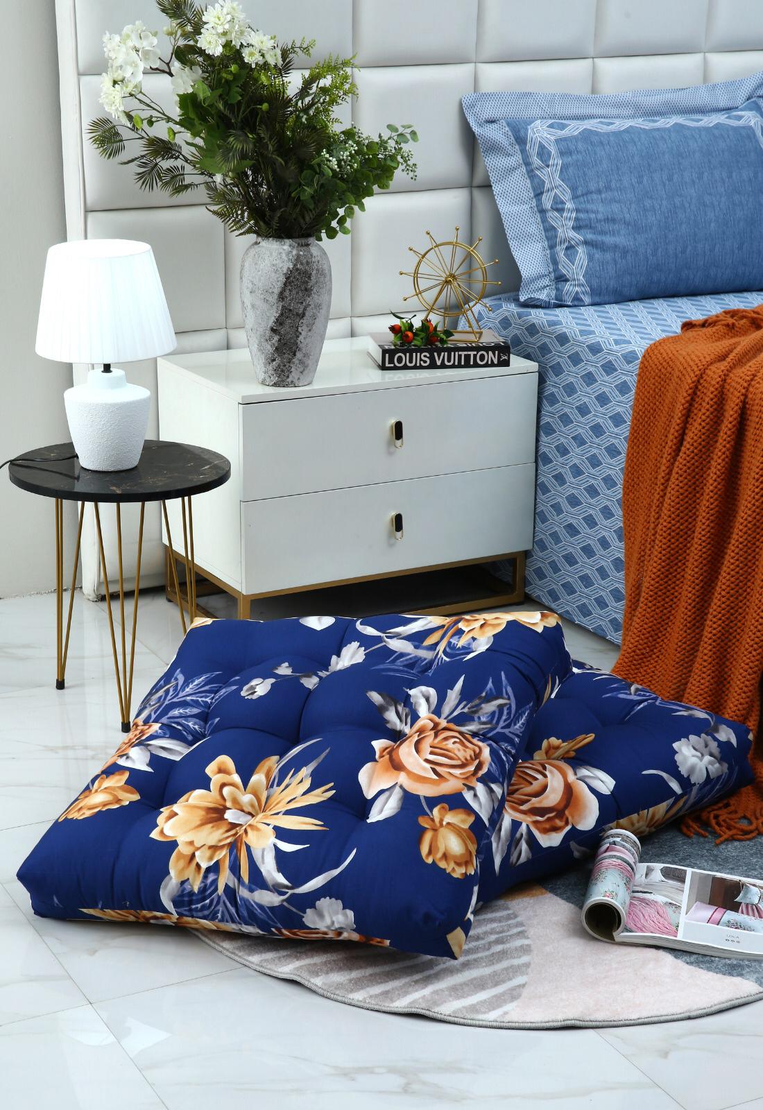 Digital Printed Square Floor Cushions-Ethnic Flowers cushions Apricot