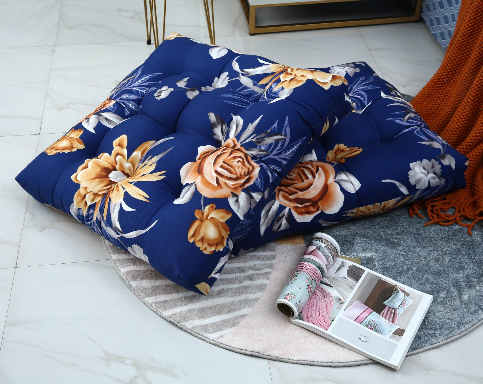 Digital Printed Square Floor Cushions-Ethnic Flowers cushions Apricot