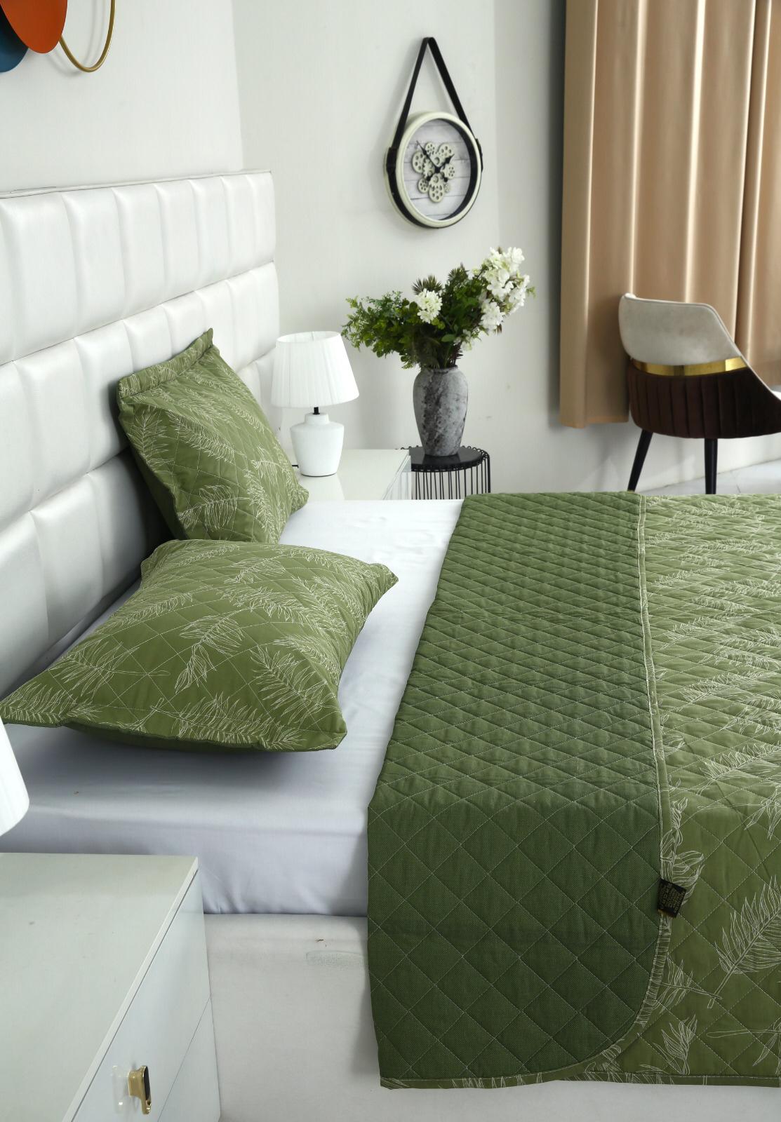 3 PCs Printed Bed Spread Set-Olive Leaf Bed Spread Apricot