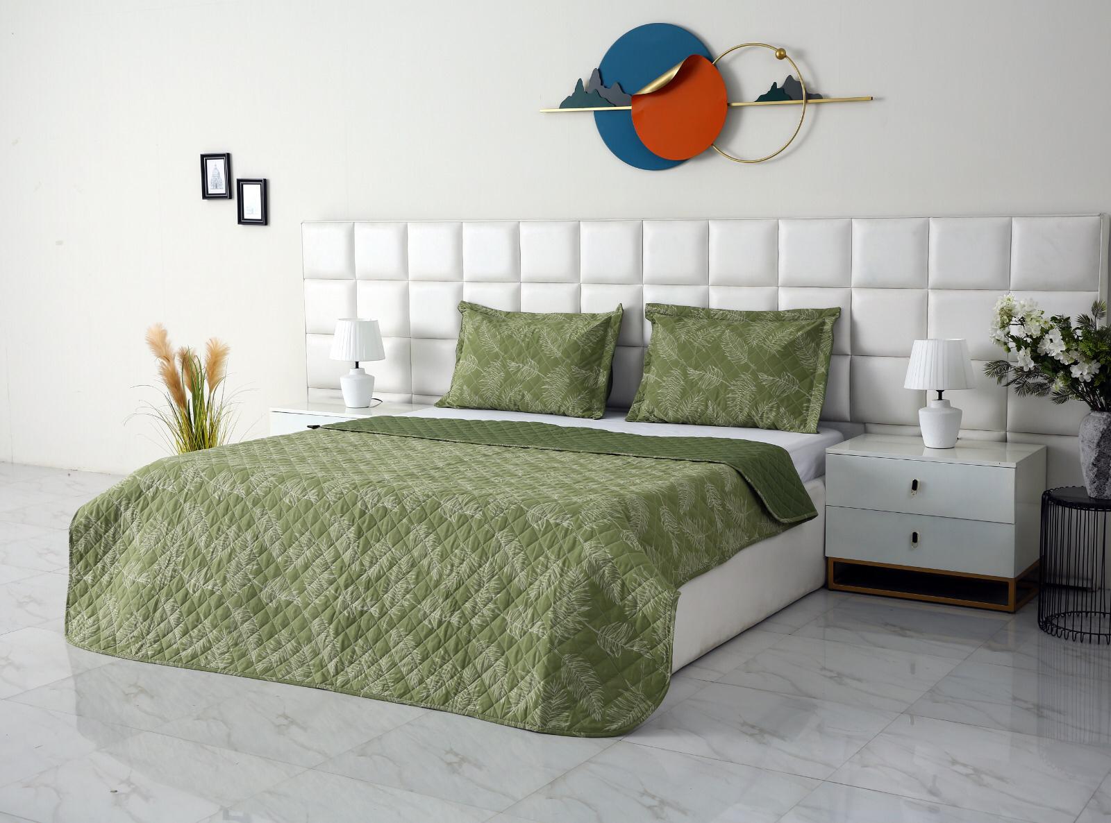 3 PCs Printed Bed Spread Set-Olive Leaf Bed Spread Apricot