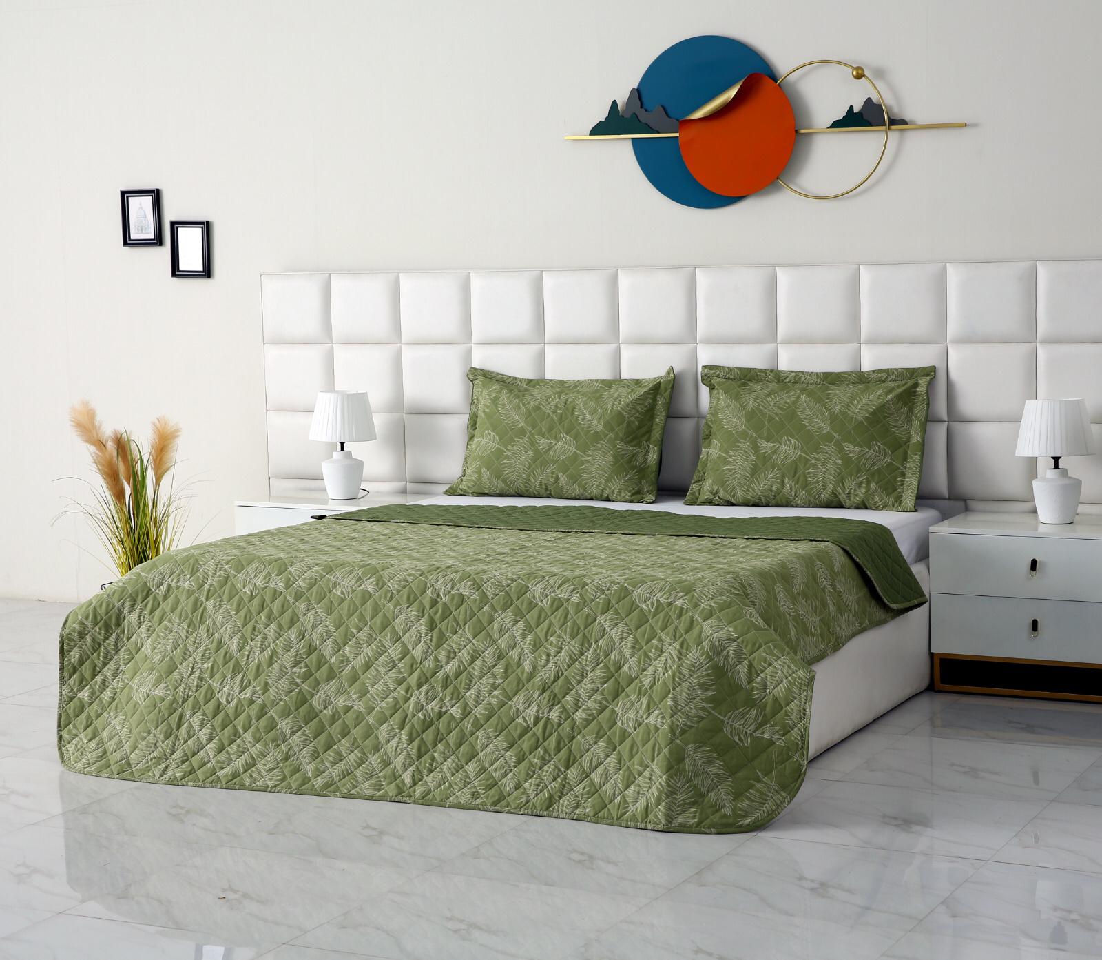 3 PCs Printed Bed Spread Set-Olive Leaf Bed Spread Apricot