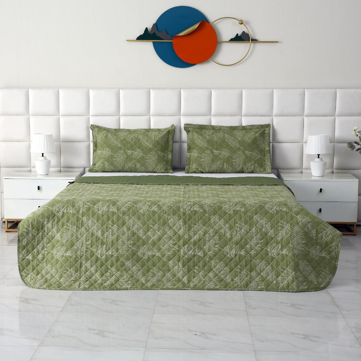 3 PCs Printed Bed Spread Set-Olive Leaf Bed Spread Apricot