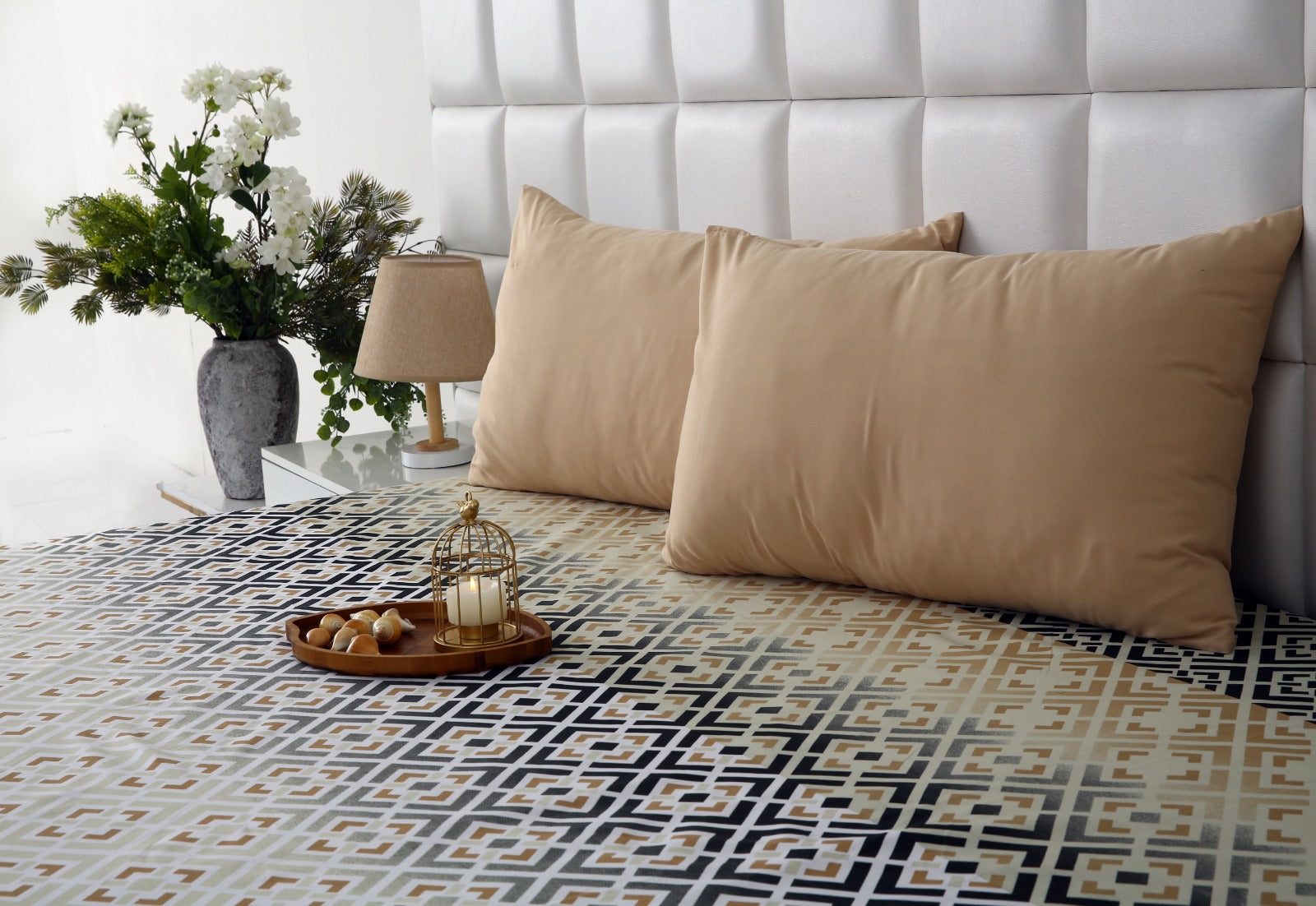 Zipper Mattress Cover Printed-Beige Square Protectors Apricot