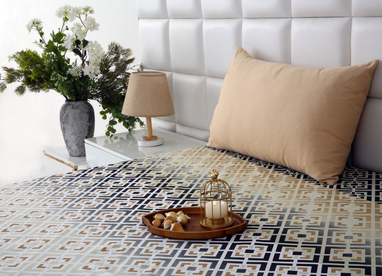 Zipper Mattress Cover Printed-Beige Square Protectors Apricot