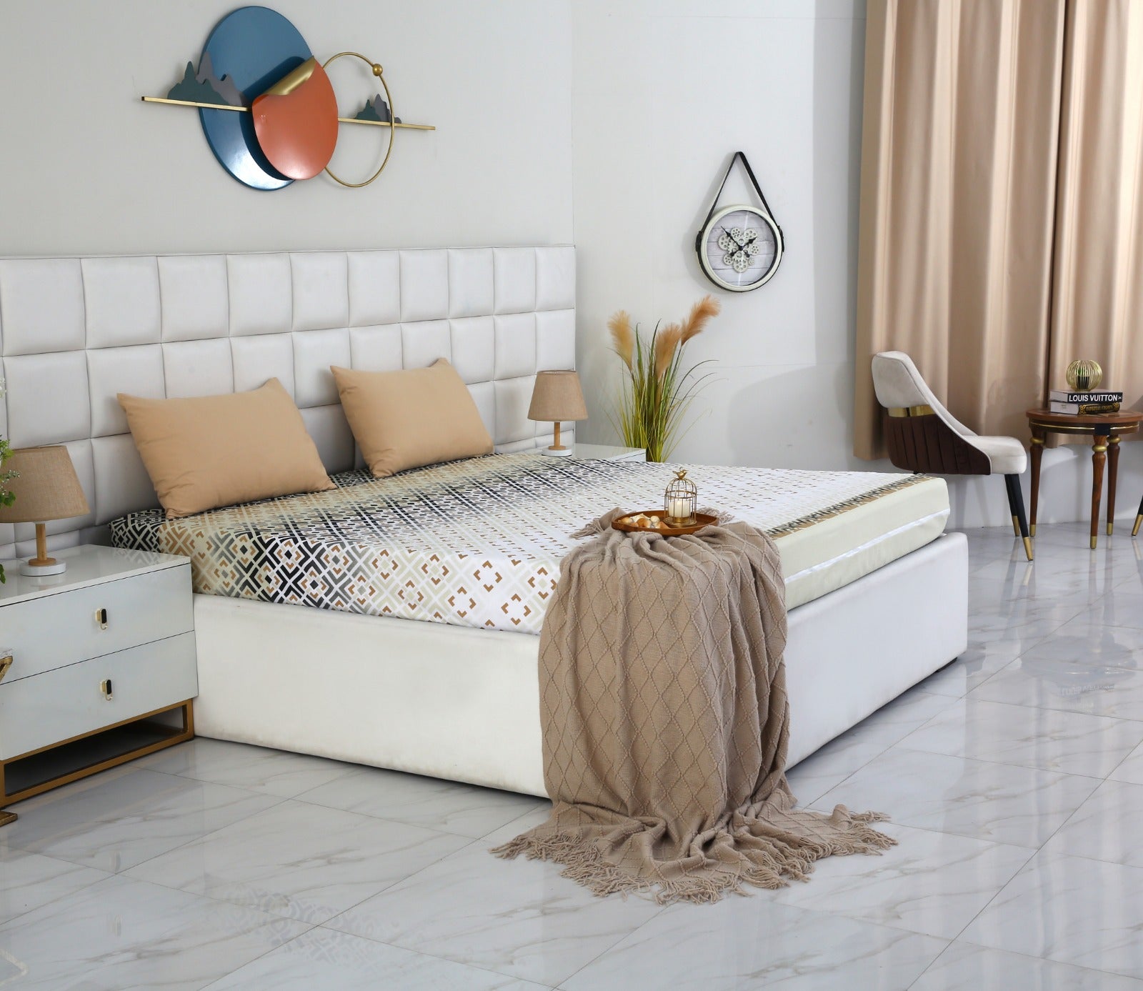 Zipper Mattress Cover Printed-Beige Square Protectors Apricot