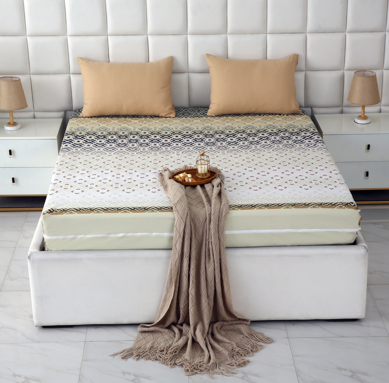 Zipper Mattress Cover Printed-Beige Square Protectors Apricot