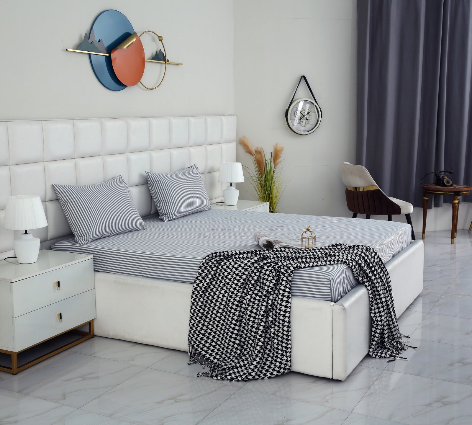 Zipper Mattress Cover Printed-Grey Stripes Protectors Apricot