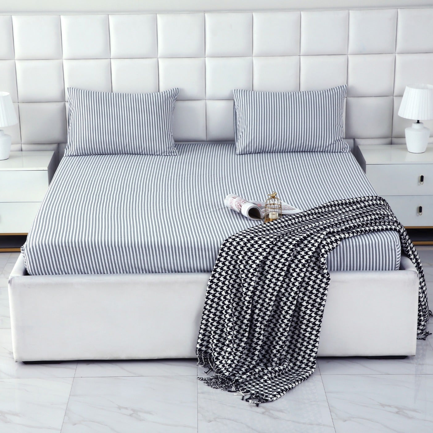 Zipper Mattress Cover Printed-Grey Stripes Protectors Apricot