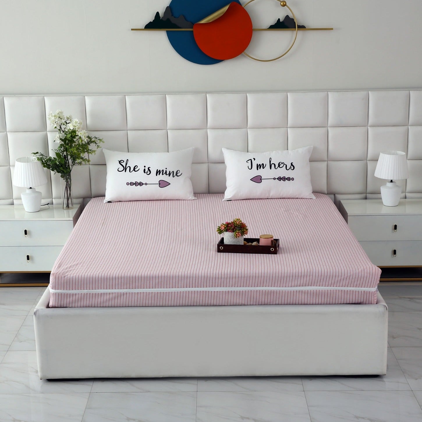 Zipper Mattress Cover Printed-Pink Stripes Protectors Apricot