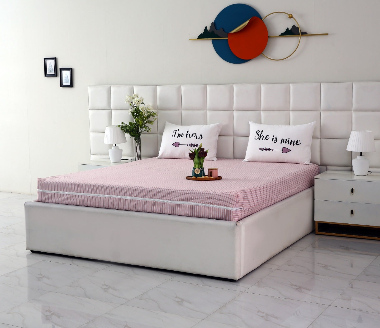 Zipper Mattress Cover Printed-Pink Stripes Protectors Apricot