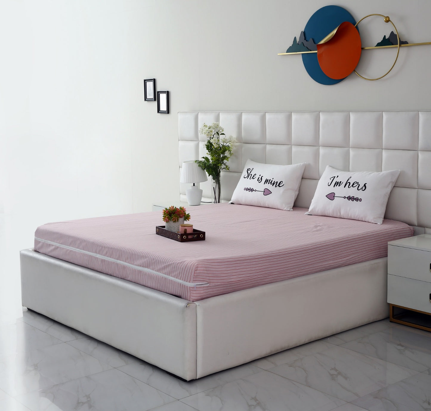 Zipper Mattress Cover Printed-Pink Stripes Protectors Apricot