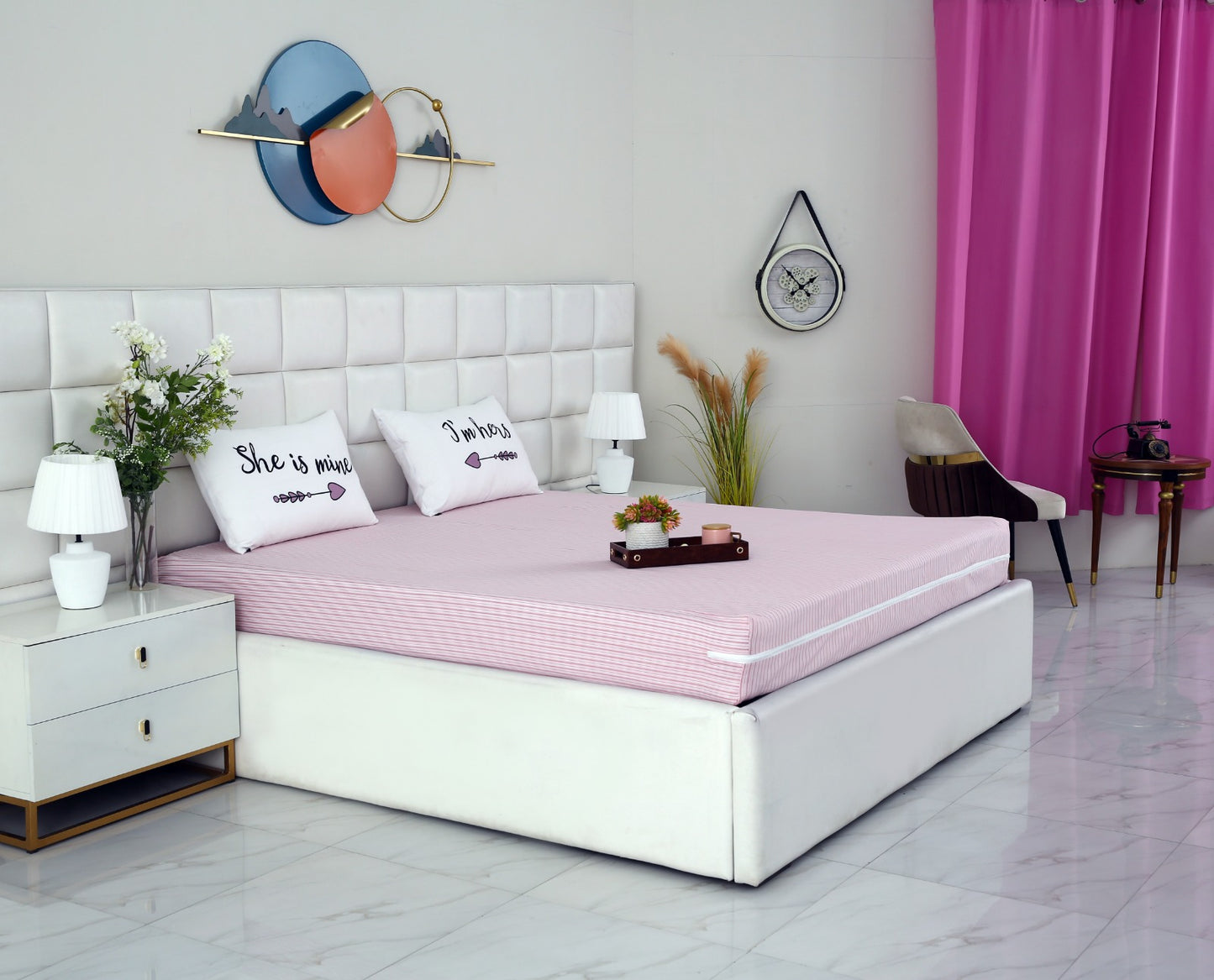 Zipper Mattress Cover Printed-Pink Stripes Protectors Apricot