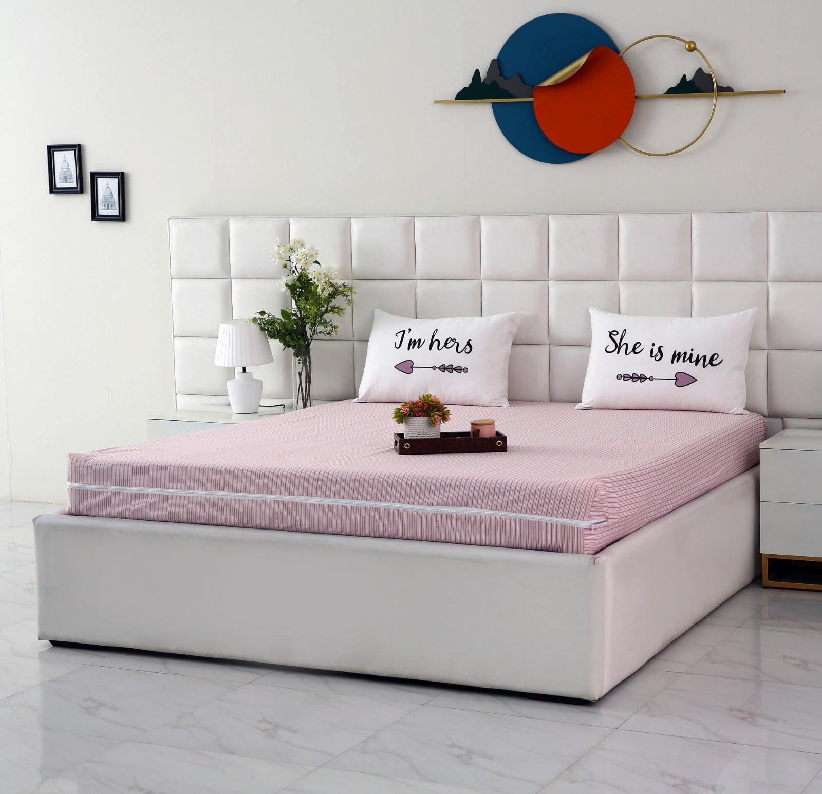 Zipper Mattress Cover Printed-Pink Stripes Protectors Apricot
