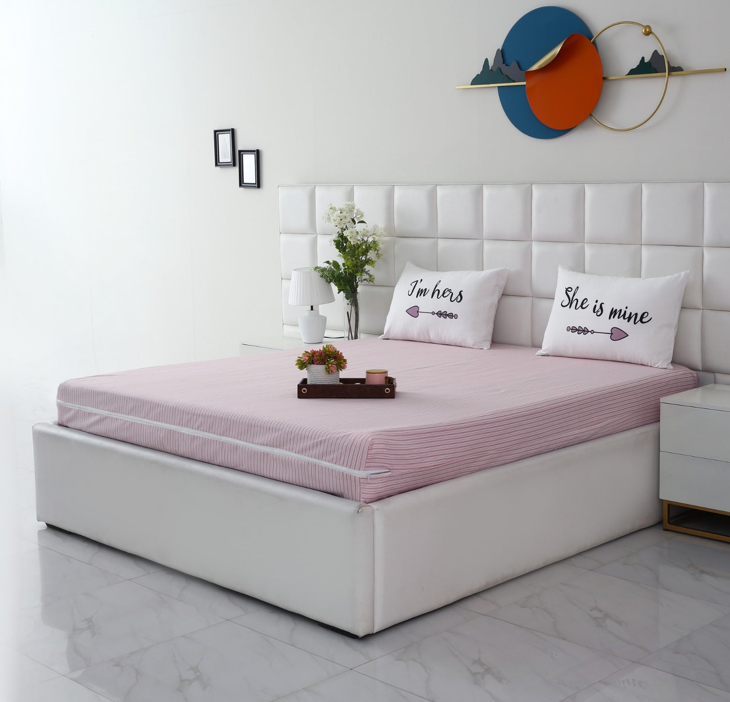 Zipper Mattress Cover Printed-Pink Stripes Protectors Apricot