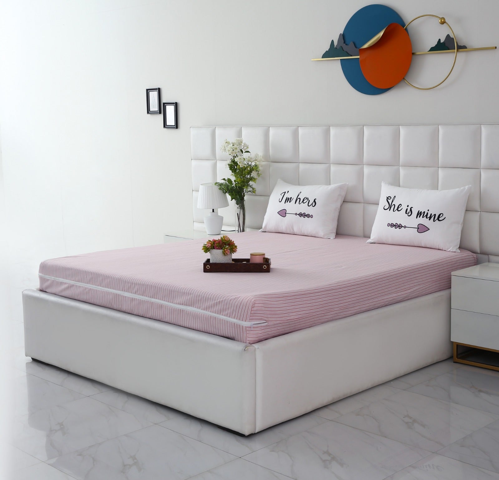 Zipper Mattress Cover Printed-Pink Stripes Protectors Apricot